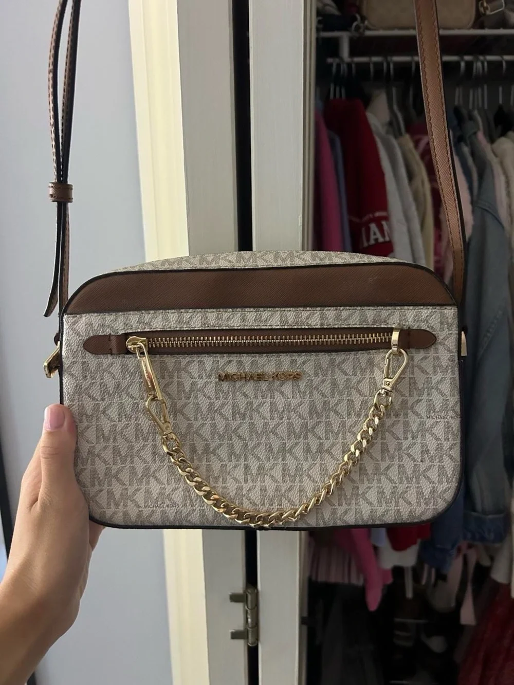 Michael Kors Beige and Brown Signature Crossbody with Gold Chain